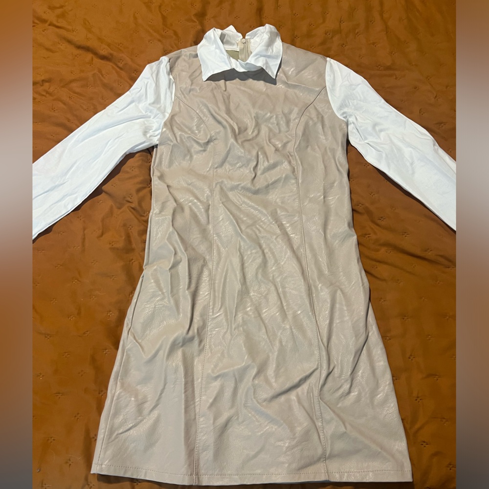 White and khaki pleather schoolgirl dress